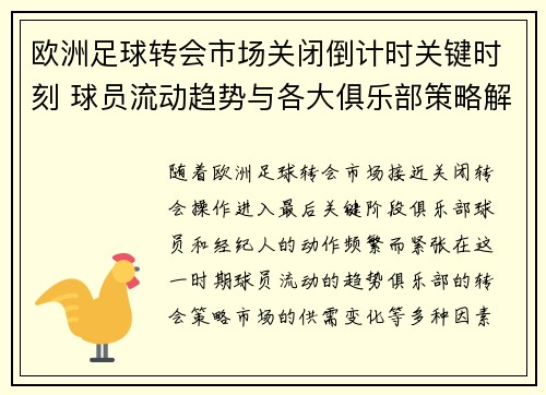 欧洲足球转会市场关闭倒计时关键时刻 球员流动趋势与各大俱乐部策略解析
