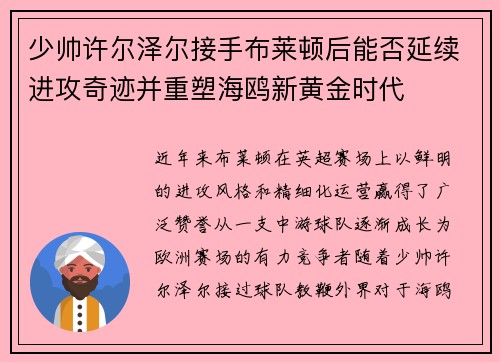 少帅许尔泽尔接手布莱顿后能否延续进攻奇迹并重塑海鸥新黄金时代